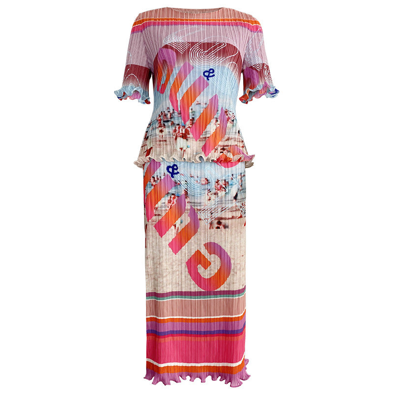 Suit Women's Waist Slimming Landscape Pleated Two-Piece Casual Style Printed Skirt