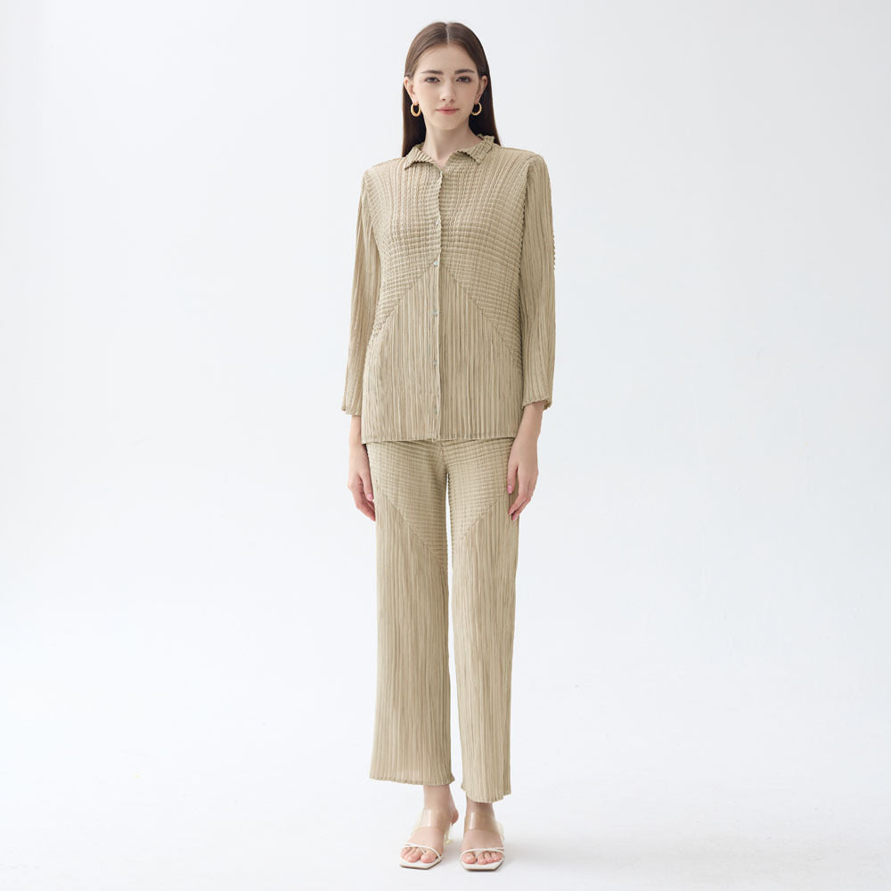 Two-Piece Solid Color Long Sleeve Pleated Shirt Casual Straight Pants Suit Women