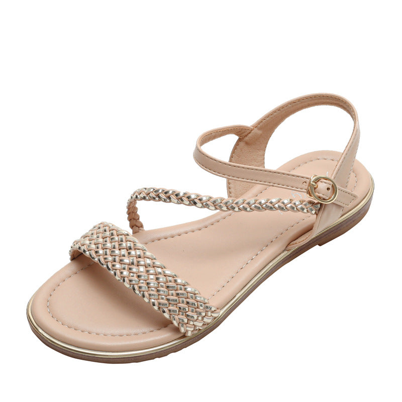 Flat Sandals Women's Comfortable Flat Fashion Sandals Woven Strap Roman Shoes Sandals