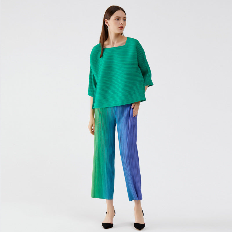 South Korea Solid Color Pleated Casual Square Collar Design Three-Quarter-Length-Sleeved T-shirt Loose Comfortable Top Women