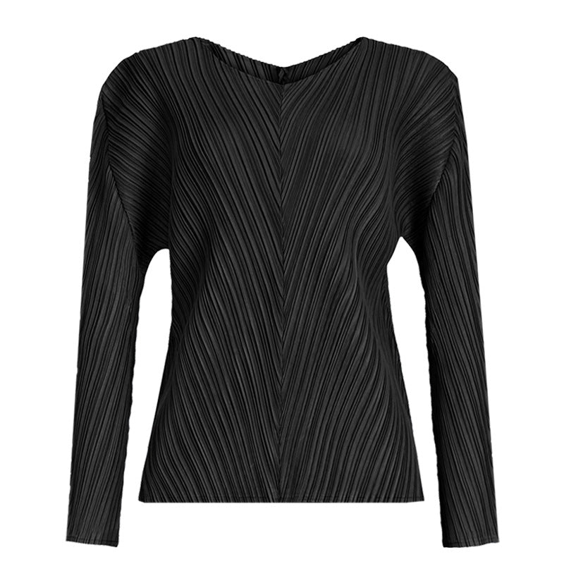 Solid Color Basic Two-Piece Suit Big Hem Skirt Long Sleeve V-neck Top