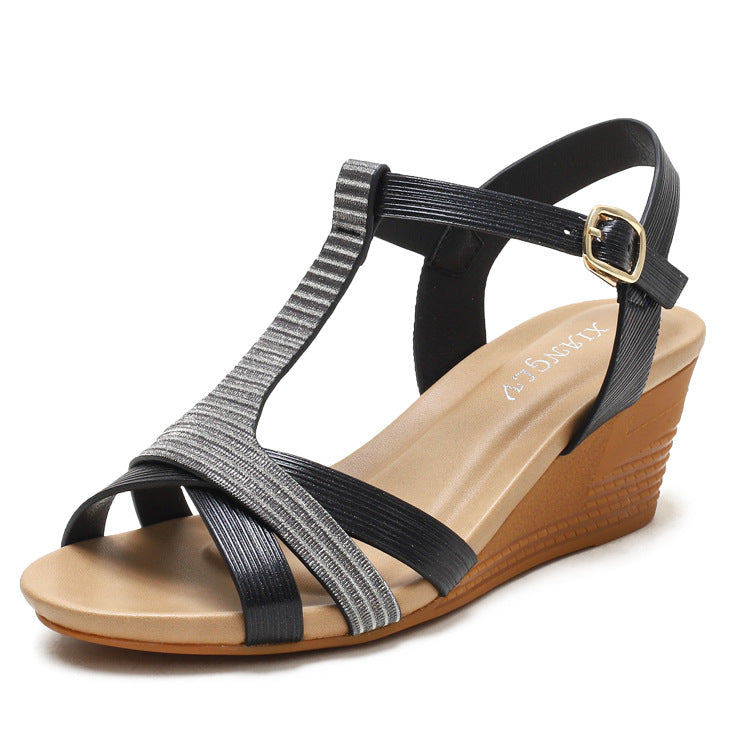 Bohemian Wedge Roman Shoes Women's Retro One-Strap Vacation plus Size Wedge Sandals Women