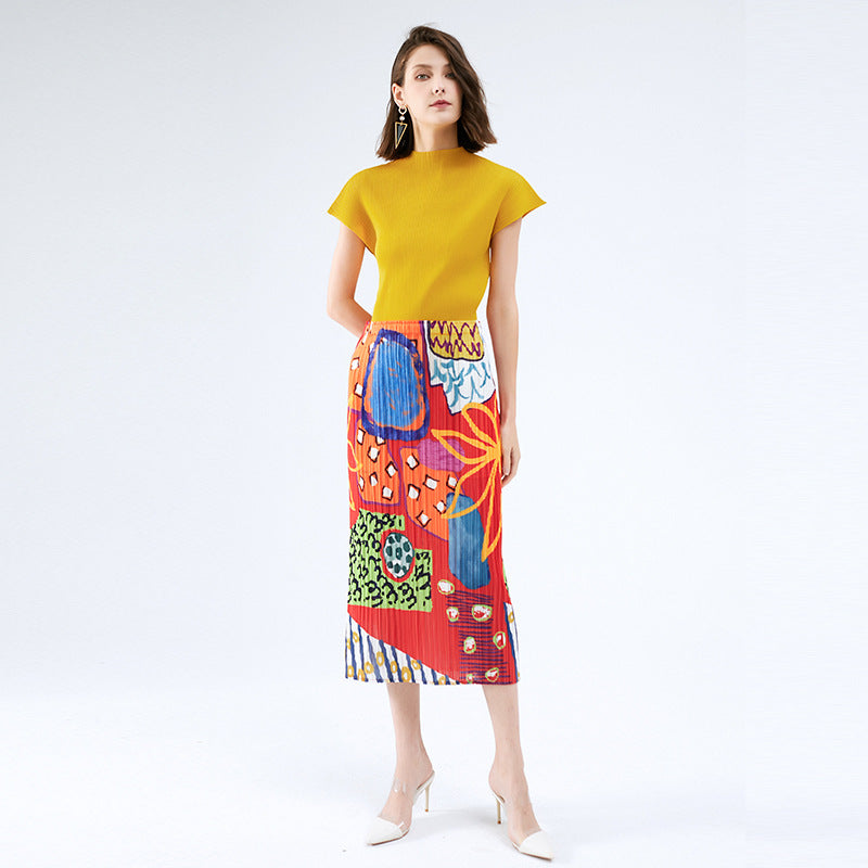 Skirt Niche Printed Pleated Skirt Casual Mid-Length A- line Elegant Style
