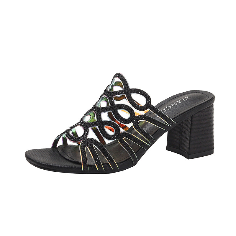 Heel Sandals Women Leisure Rhinestone Chunky Heel Roman Shoes Women