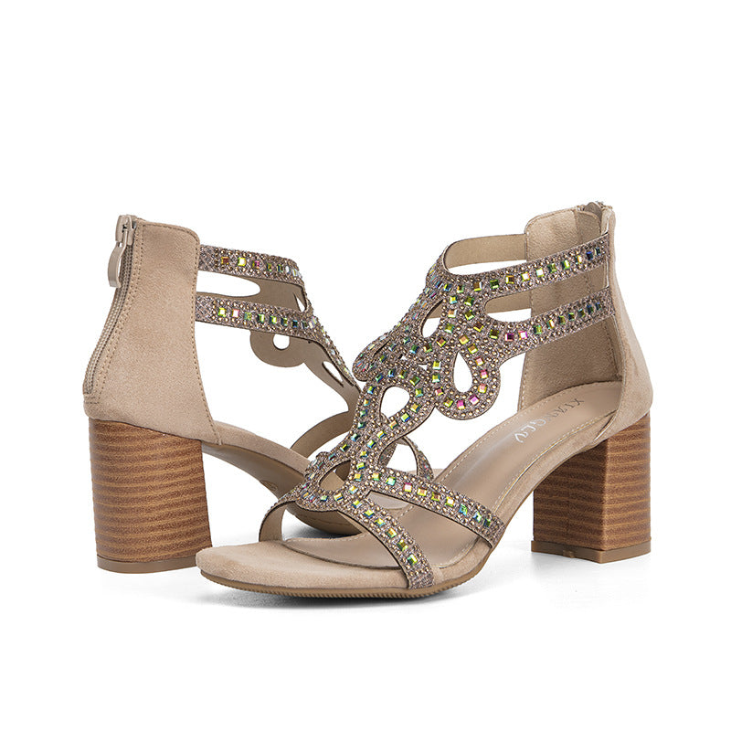 Women's Sandals Summer Fashionable Chunky Heel Rhinestone Fashion Roman Shoes