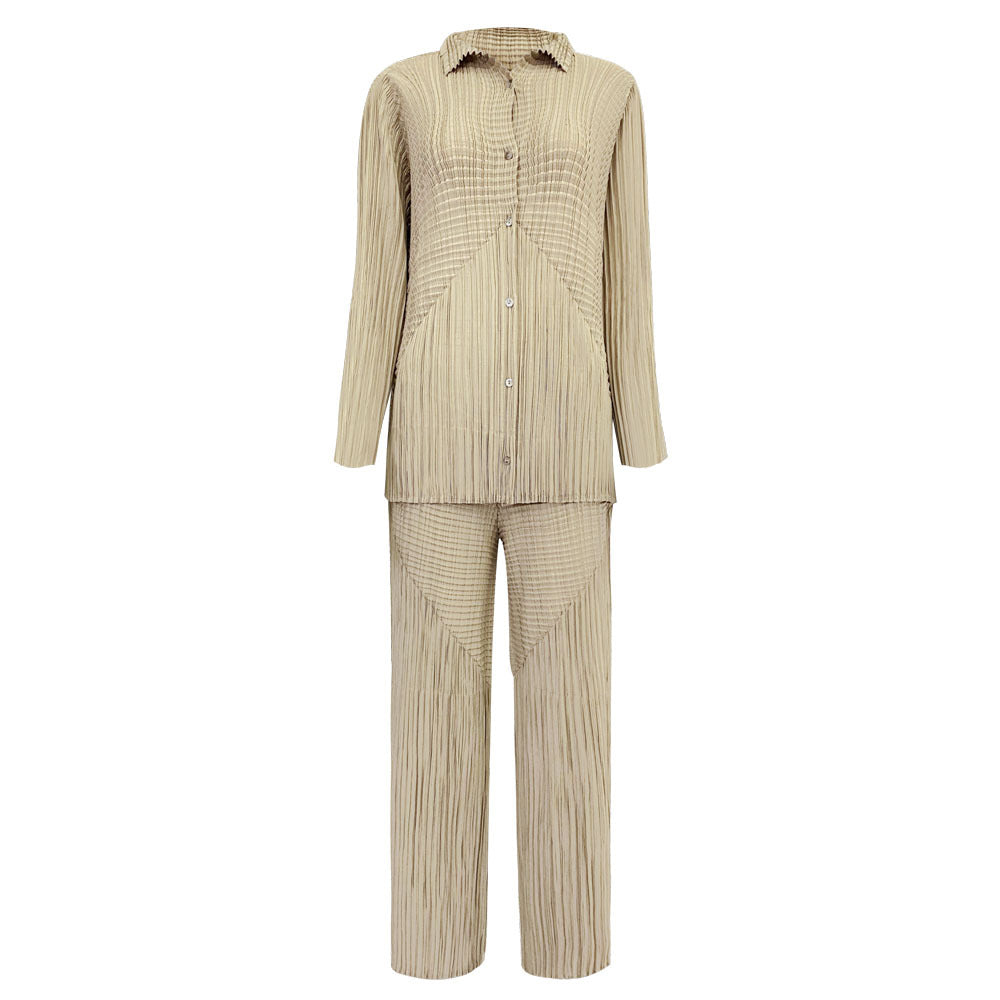 Two-Piece Solid Color Long Sleeve Pleated Shirt Casual Straight Pants Suit Women