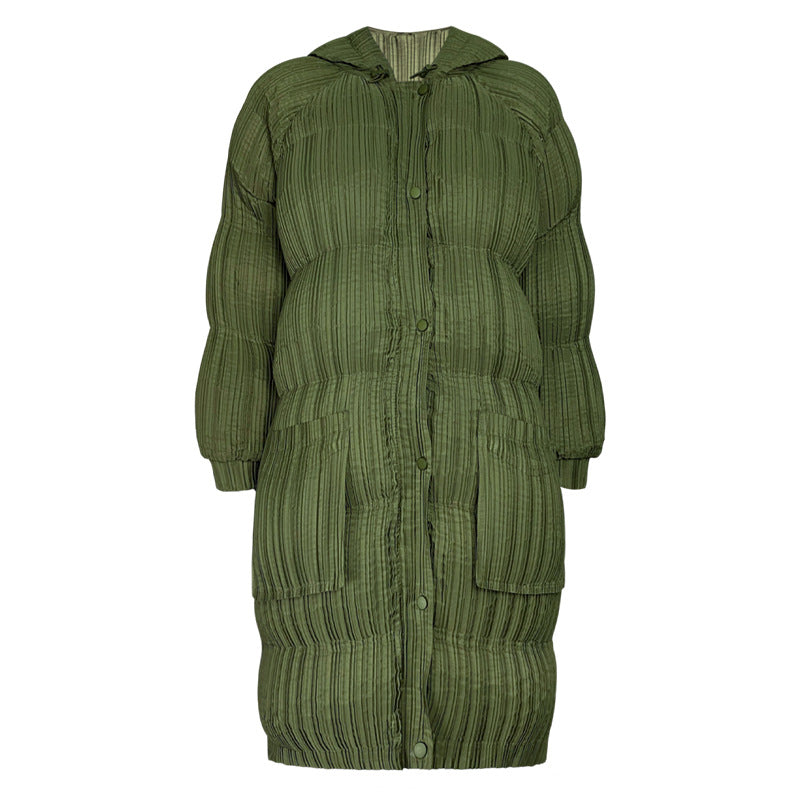 Winter Long Thickened down Cotton Hoodie Padded Coat Women's Slimming and Warm Pleated Cotton Jacket Women