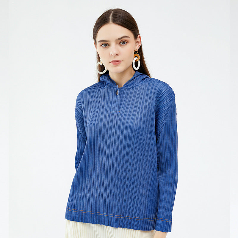 Solid Color BASIC Pleated T-shirt Long Sleeve Casual Top Design Hooded Sweater for Women