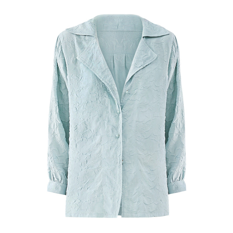 Women's Shirt Pleated Breasted Coat Solid Color plus Size Slimming Elastic Thin Cardigan Top Women