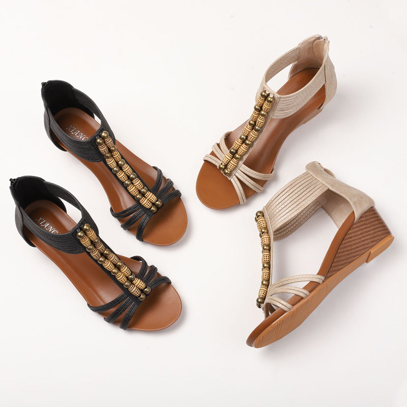 Retro Wedge Sandals Women's Bohemian Holiday Back Zipper Open-Toed Roman Sandals