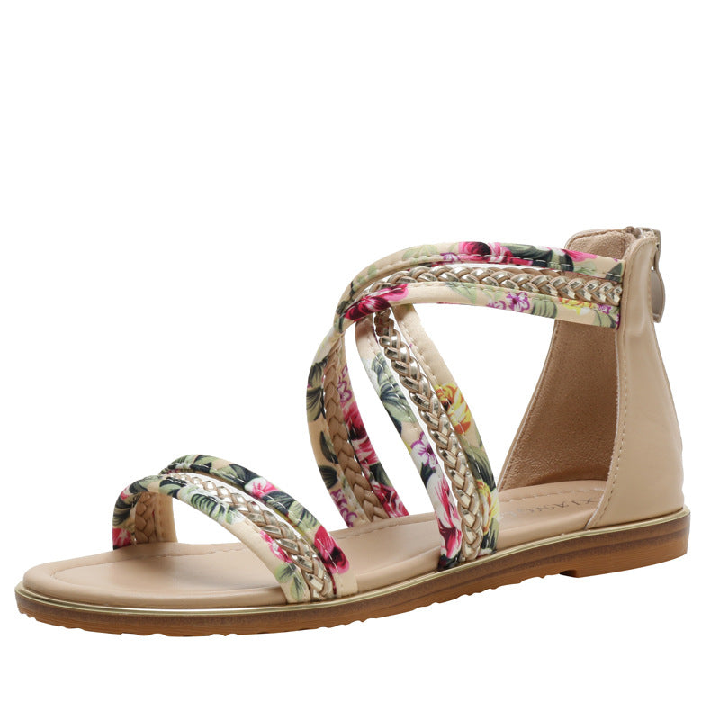 Women's Sandals Summer Flat Open Toe Floral Cloth Strap Non-Slip Roman Shoes