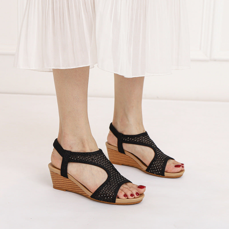[Sold out on Short in Size Clearance] Women's Wedge Sandals Fashionable Elastic Band Mid Heel Peep Toe Breathable Mesh Roman