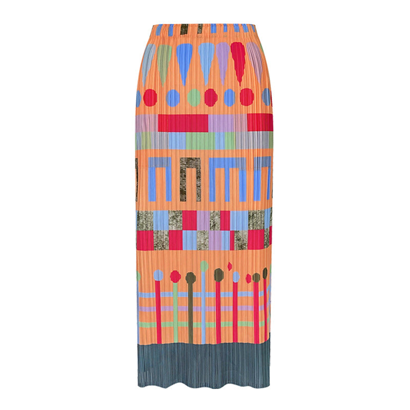 Skirt Niche Printed Pleated Skirt Casual Mid-Length A- line Elegant Style