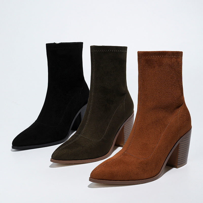 Suede Pointed Toe Chunky Heel Booties Women's Retro Elegant Side Zipper Heel