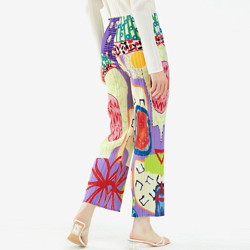 Temperament Printed Waist Pleated Baggy Straight Trousers Casual Pants Trousers for Women