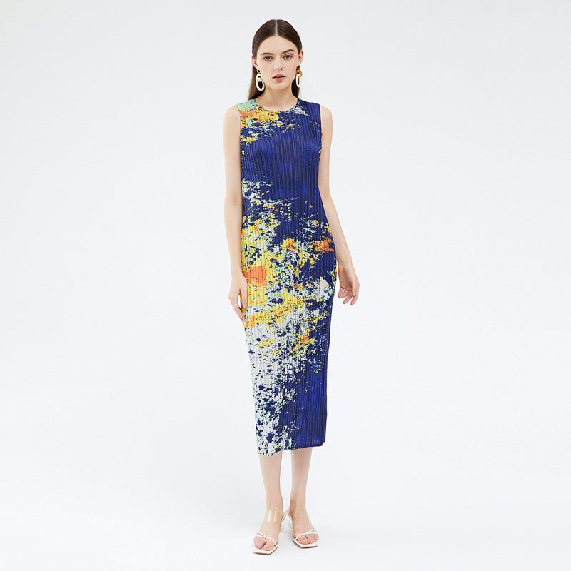 Sleeveless Long Vest Skirt Slim Fit Waist-Slimming Dress Women Printed Starry Sky Dress Women