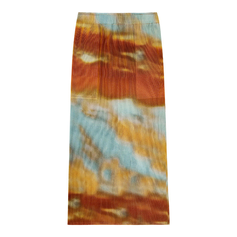 Skirt Collection A- line Skirt Women's Skirt Mid-Length Design Sense Niche Waist Printed Skirt