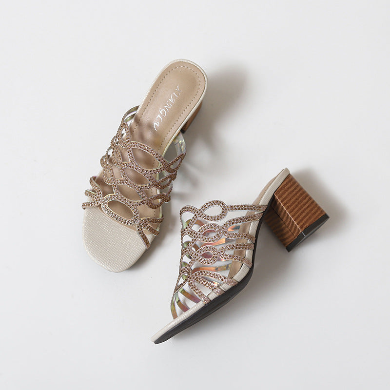 Heel Sandals Women Leisure Rhinestone Chunky Heel Roman Shoes Women