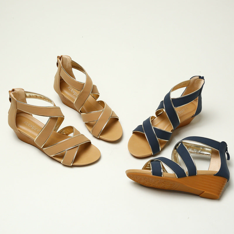 Wedge Roman Sandals Women's Platform Mid Heel Simple Non-Slip Back Zipper Sandals 838-694