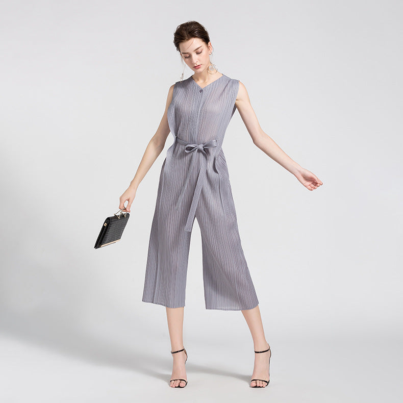 Waist Pleated Jumpsuit Solid Color Sleeveless Slim Wide Leg Slimming Jumpsuit Women