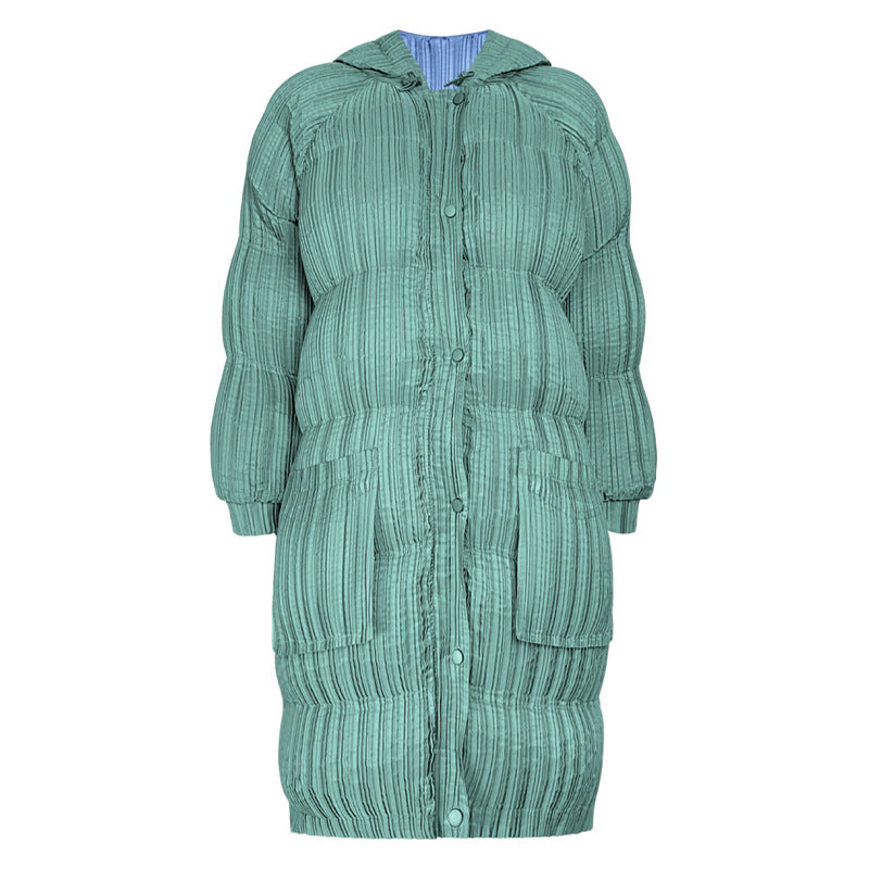 Winter Long Thickened down Cotton Hoodie Padded Coat Women's Slimming and Warm Pleated Cotton Jacket Women