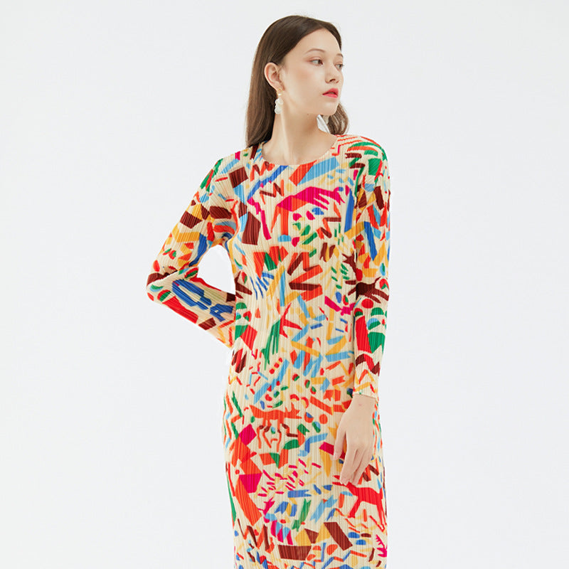 Women's Printed Long-Sleeved Graffiti Pleated Skirt Dress Slim Fit Slimming A- line Skirt Women