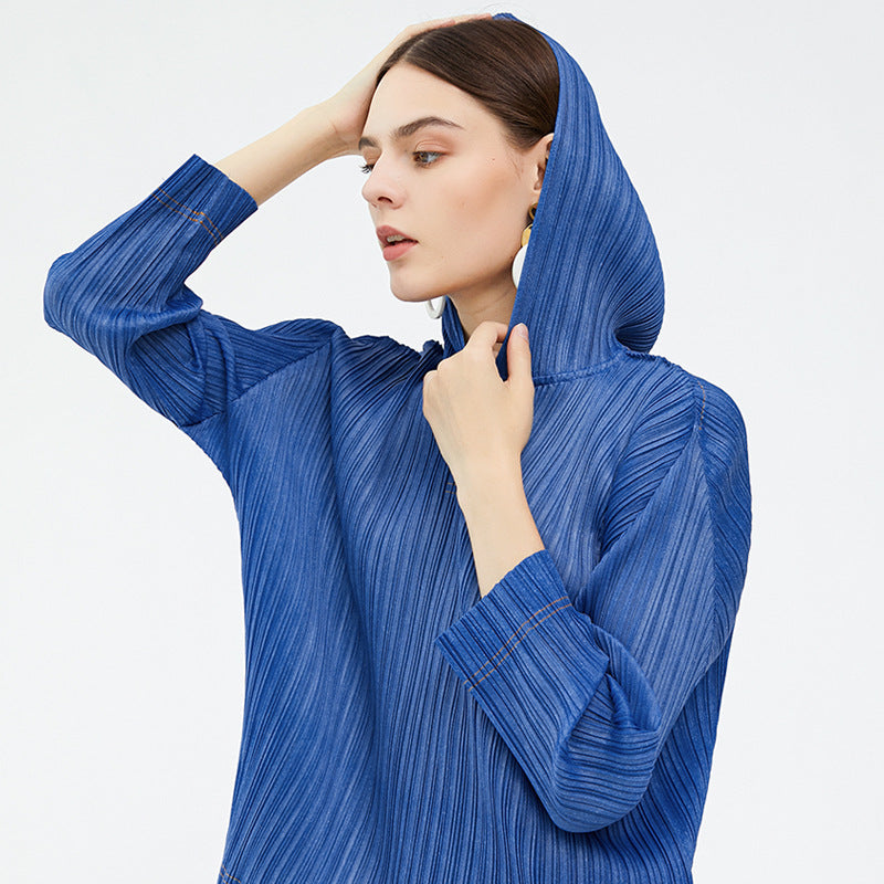 Solid Color BASIC Pleated T-shirt Long Sleeve Casual Top Design Hooded Sweater for Women