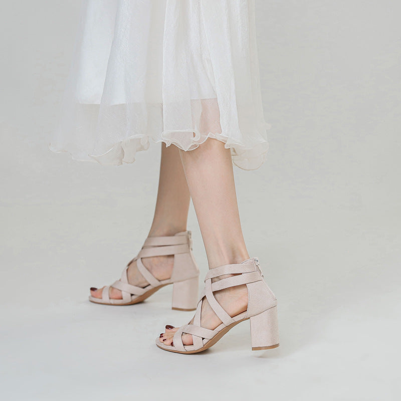 Fashion Sandals Chunky Heel Rhinestone Roman Temperament Heel Shoes