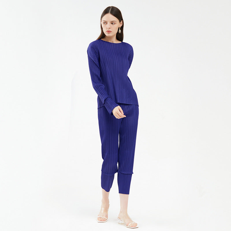 Stitching Casual Suit Long-Sleeved Top All-Matching Skinny Pants Two-Piece Set for Women