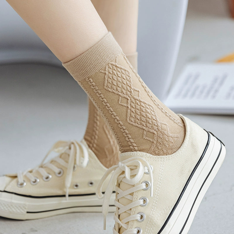 [2 Pairs] Spring and Summer Twist Thin Pure Cotton 3D Rhombus Stripe Socks