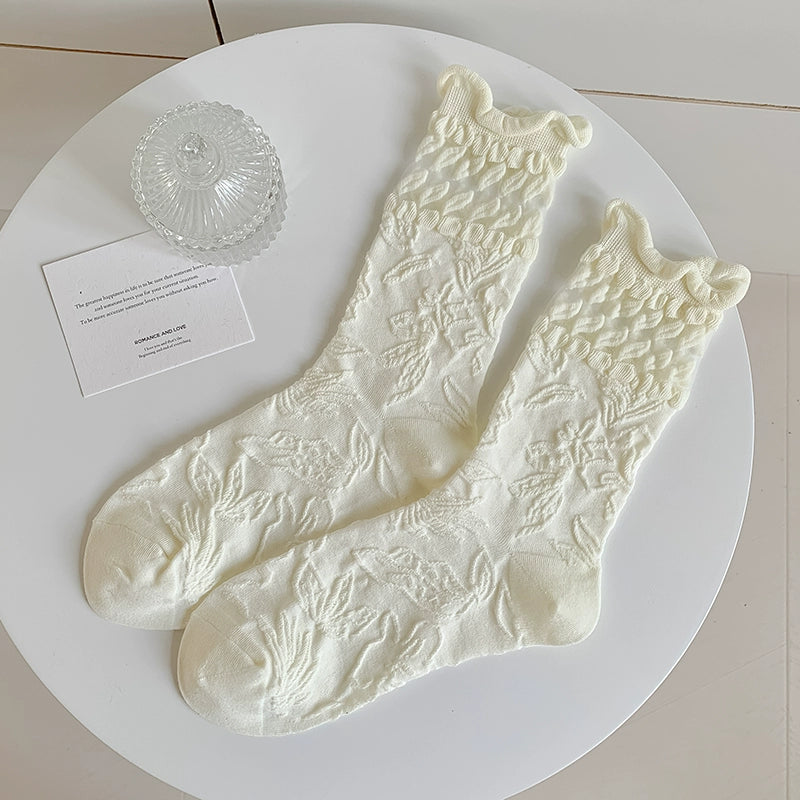 [5 Pairs] Spring and Summer Thin Breathable Girl JK Style Three-Dimensional Relief Small White