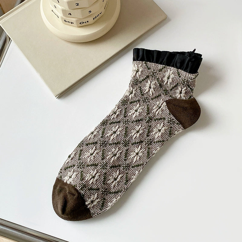 [5 Colors] Dashang Dashed Rhombus Lace Women's Short Spring and Summer Fashion Socks