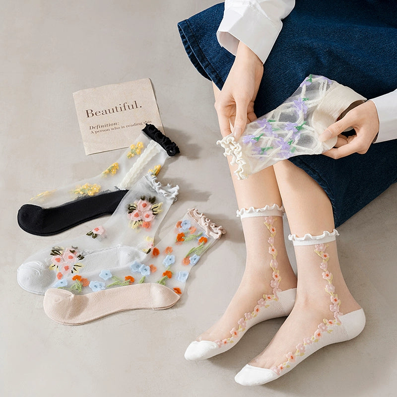 [5 Pairs] Spring and Summer Season Card Silk Breathable Wooden Ear Little Flowers Thin Breathable