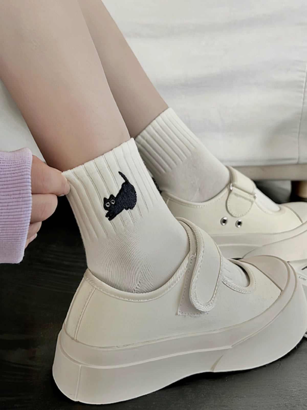 [5 Pairs] Pink Embroidered Cat Purified Cotton Short Tube Spring and Summer New Match Is Very Fresh and Natural