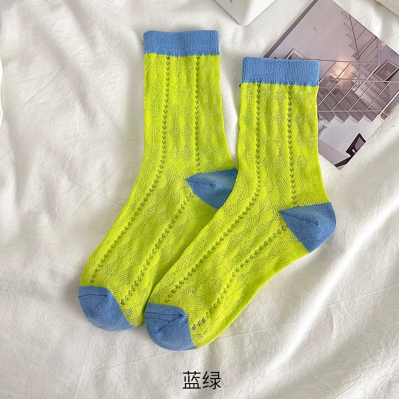 [3 Pairs] Dopamine Summer Thin Hollow Diamond Contrast Color Female Mid-Calf Length and Breathable Mesh Comfortable Pure Cotton