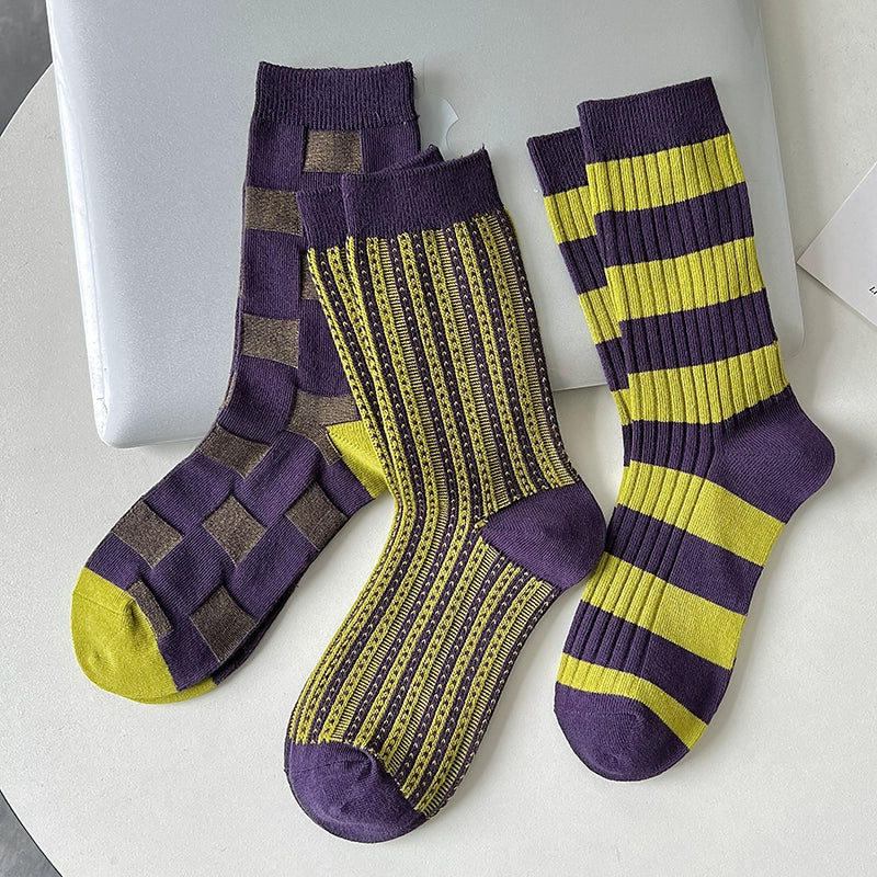 [3 Pairs] Purple Striped Personality Youth Double Needle Retro Mid-Calf Length Pure Cotton All-Match