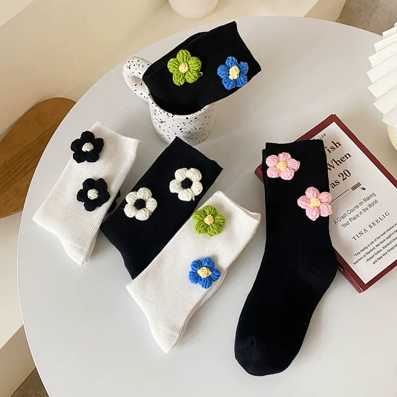 [2 Pairs] Spring Summer Pure Cotton Beautiful 2 Flowers Little Flowers 3D Tube Socks