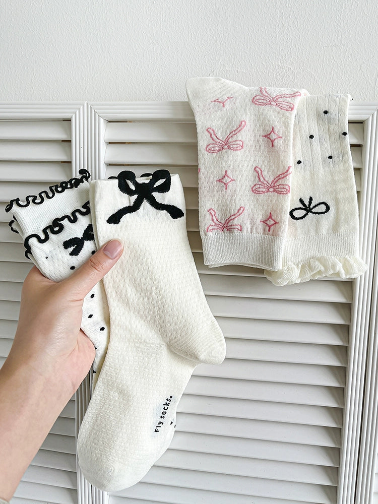 [4 Pairs] Black and White with Flower Bowknot Beautiful Thin Summer Pure Wear