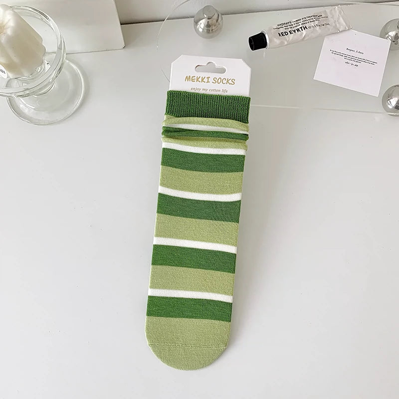 [5 Pairs] Thin Grass Green Series Stripe College Style Flat Sock
