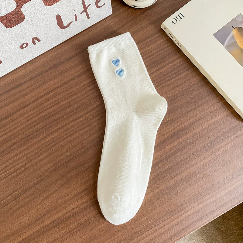 [6 Pairs] Embroidered Double Love Heart Simplicity Wear Spring Summer College Style Cute Goddess Socks