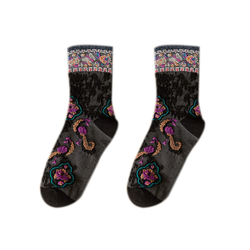 [2 Pairs] Vintage Court Style Blossoming Flowers Spring and Summer Pure Cotton Socks