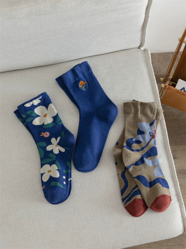 [2 Pairs] Spring and Summer Thin Pure Cotton Embroidery Plant Flowers Klein Blue Wear Match Well