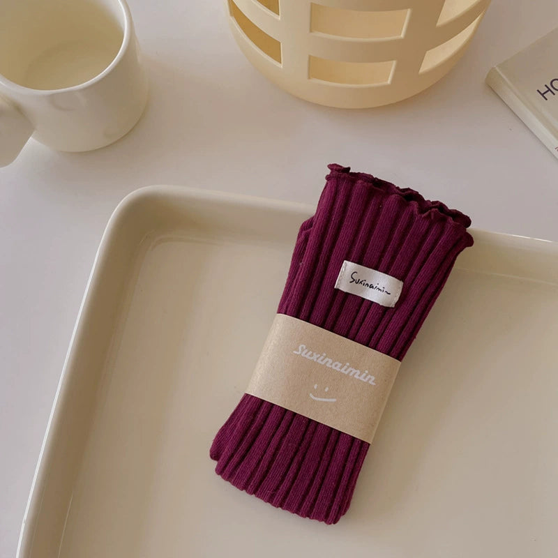 [2 Pairs] Spring and Summer Thin Wooden Ear Double Needle Pile Style Wear Cotton Trendy Mid-Calf