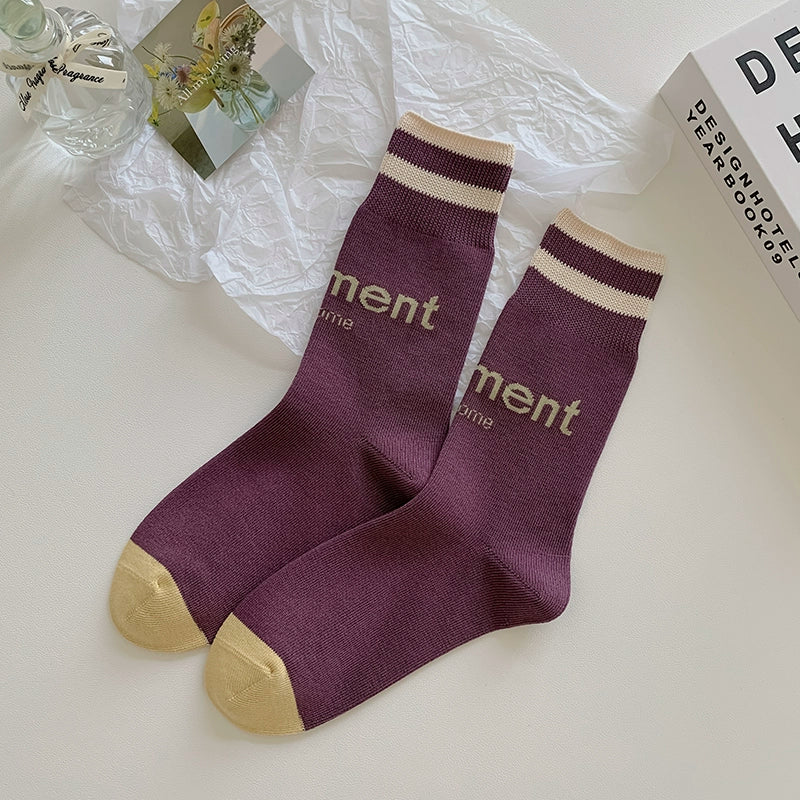 [6 Pairs] Spring and Summer Fashion Letters College Style Simple Pure Cotton Mid-Calf