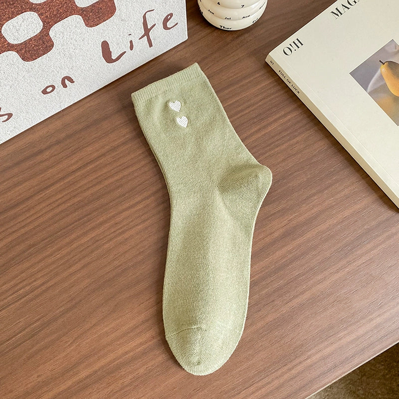 [6 Pairs] Embroidered Double Love Heart Simplicity Wear Spring Summer College Style Cute Goddess Socks