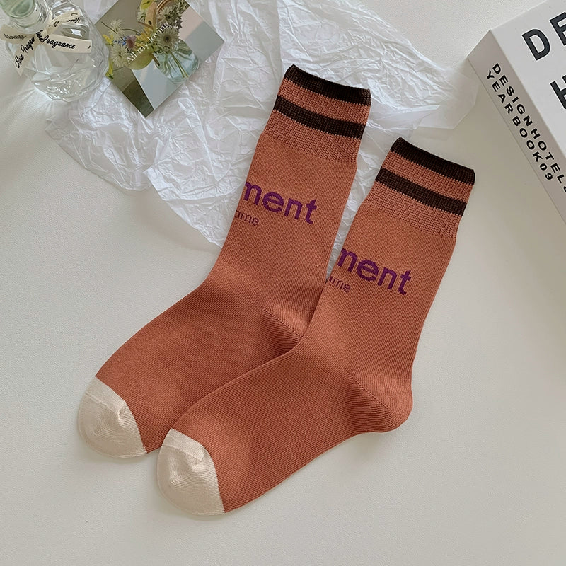 [6 Pairs] Spring and Summer Fashion Letters College Style Simple Pure Cotton Mid-Calf