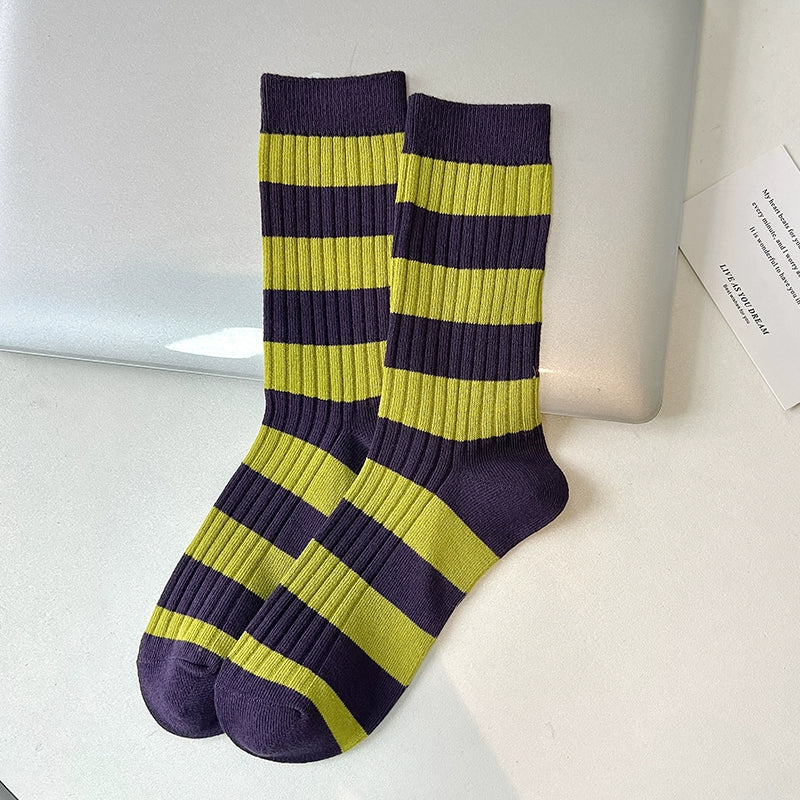 [3 Pairs] Purple Striped Personality Youth Double Needle Retro Mid-Calf Length Pure Cotton All-Match