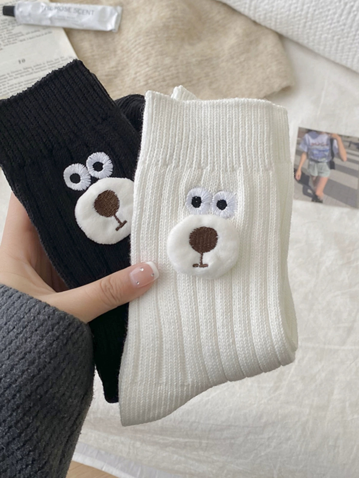 [5 Pairs] 3D Cartoon Bear Head Simple and Easy to Match College Style Kawaii