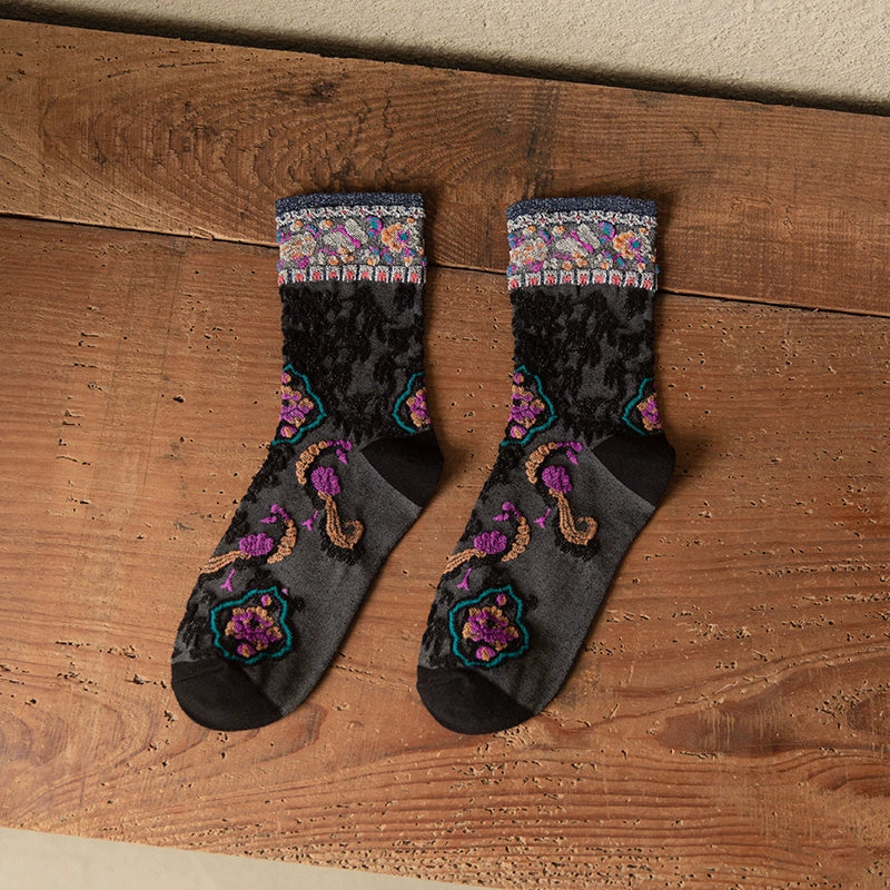 [2 Pairs] Vintage Court Style Blossoming Flowers Spring and Summer Pure Cotton Socks