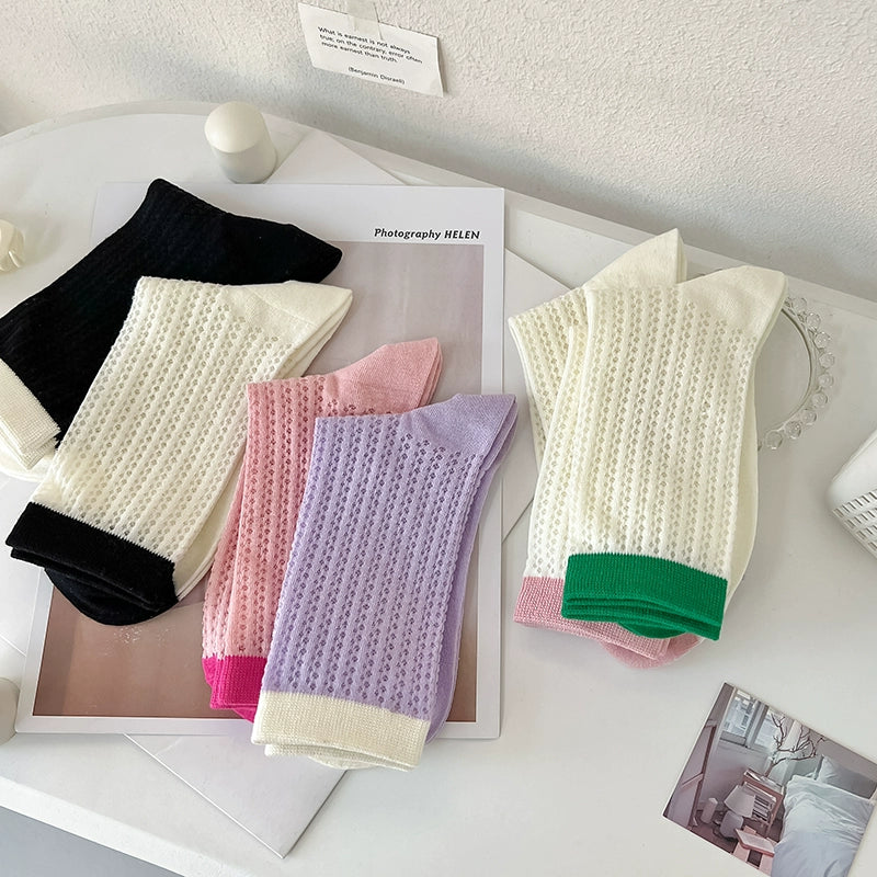 [7 Pairs] Spring and Summer Thin Breathable Hollow Decorative Pure Cotton Mid-Calf with Small White Shoelaces